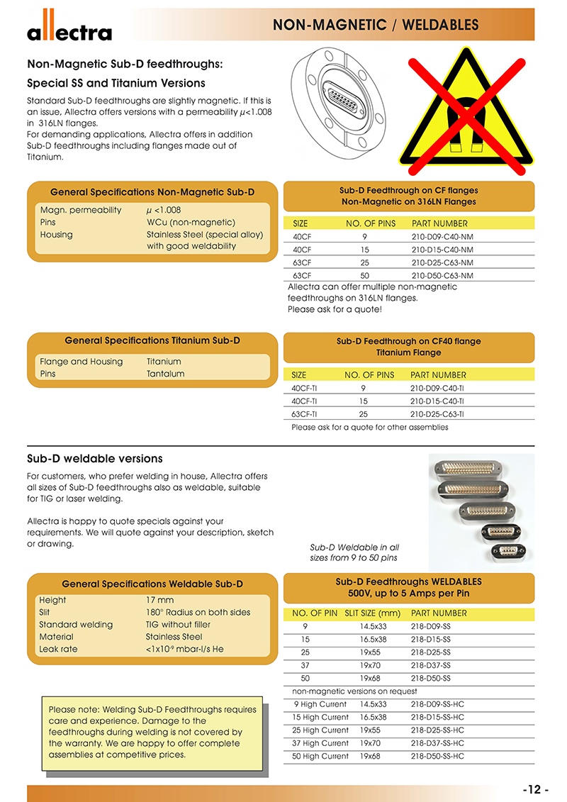 Allectra非磁性的Sub-D/D-Sub真空饋通